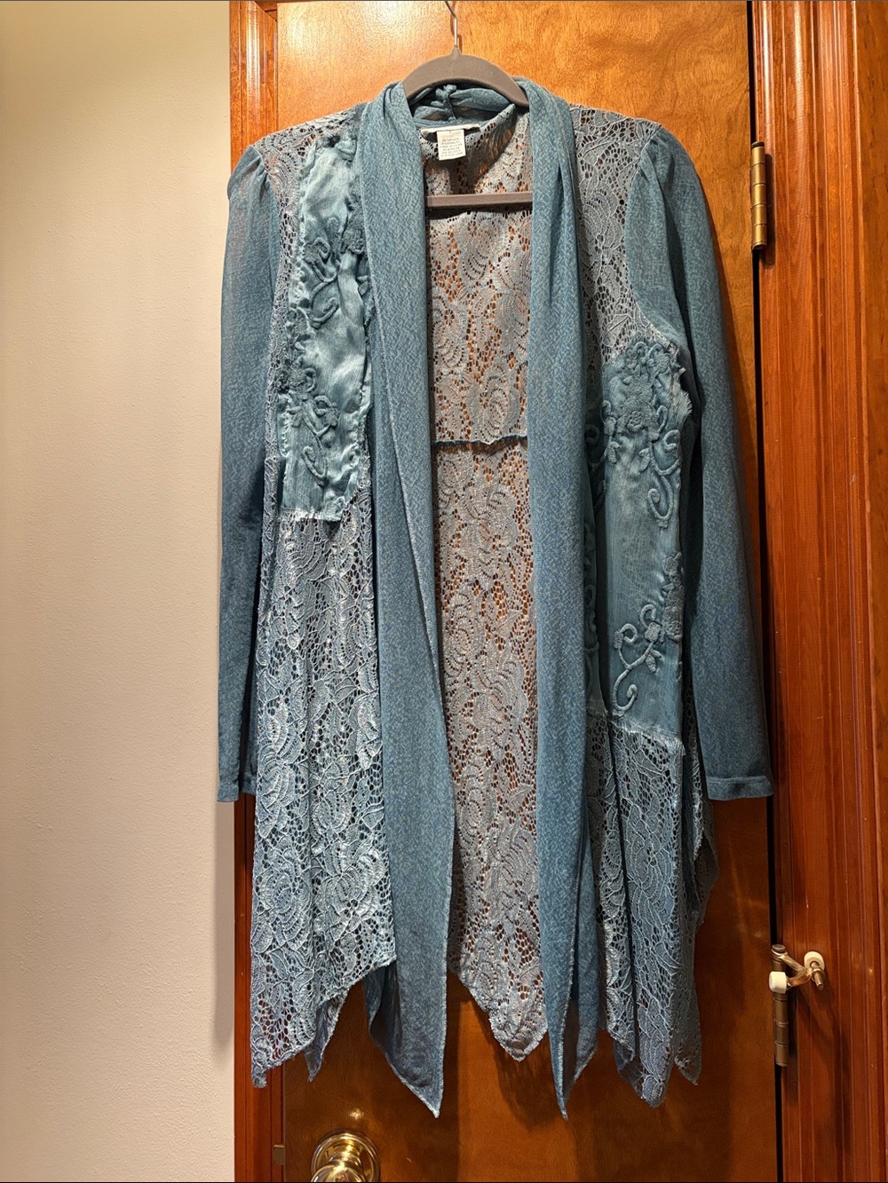 Open-Front Lace Panel Cardigan Sweater - Dusty Blue